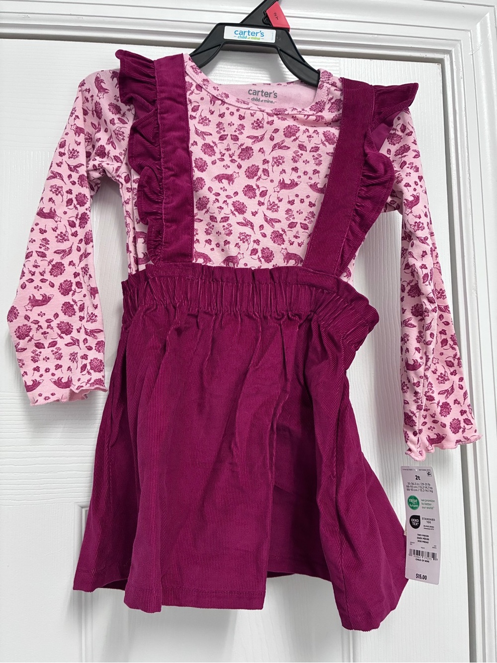 Carter's Pink Floral Long-Sleeve Tee with Magenta Ruffled Pinafore
